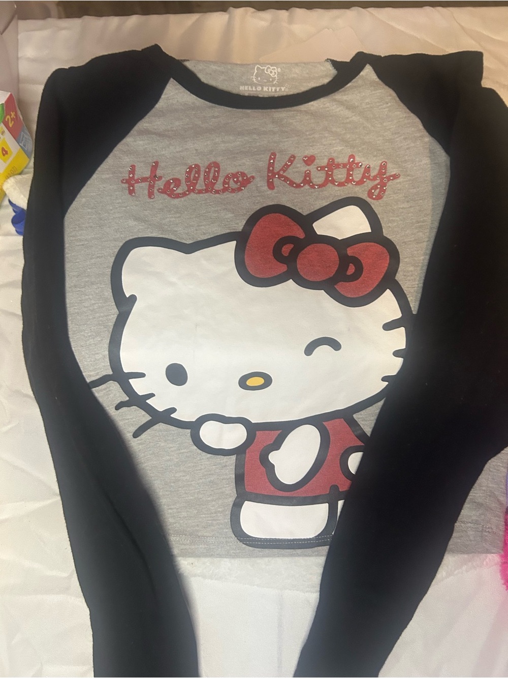 Hello Kitty Gray & Black Long Sleeve Tee with Red Accents
